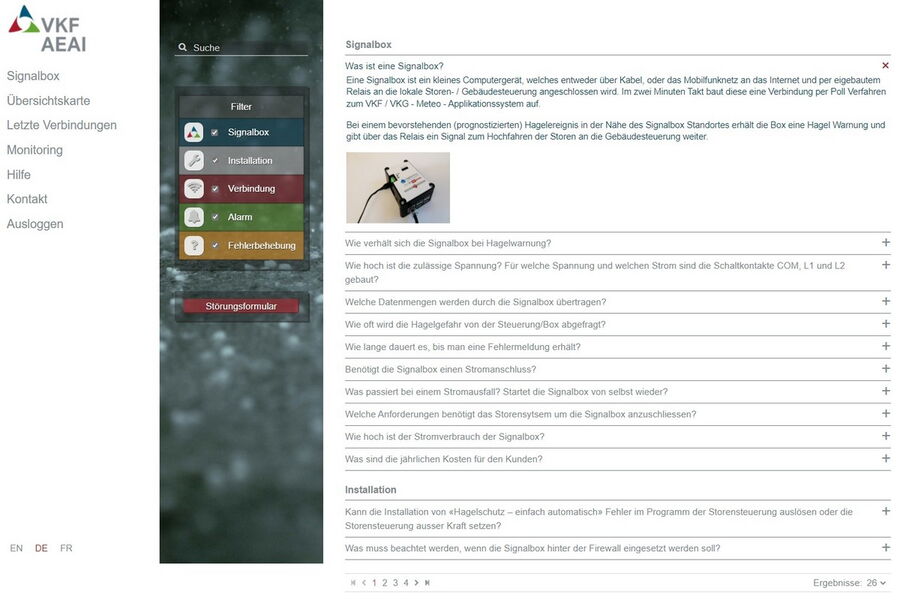 Screenshot des Portals «Hagelschutz – einfach automatisch» Hilfe für Endbenutzer