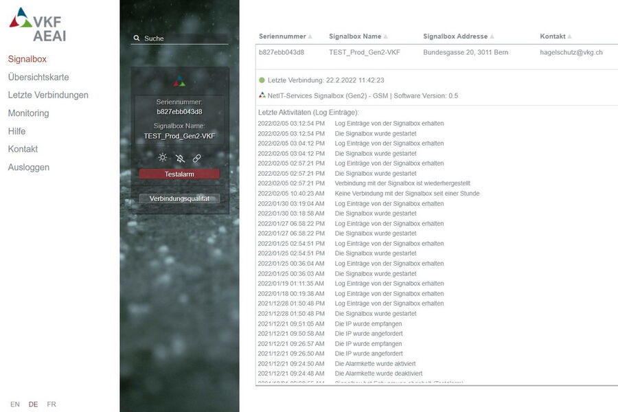Portal «Hagelschutz – einfach automatisch» für Endbenutzer Screenshot der Startseite